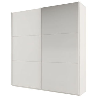 Two-door sliding wardrobe in white with one full mirrored door and horizontal design lines.