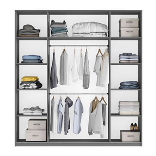 White 2-door sliding wardrobe with mirrored door and organised interior of shelves and hanging rails.