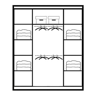 Line drawing of a 2 door wardrobe interior layout with two hanging rails and nine shelves.