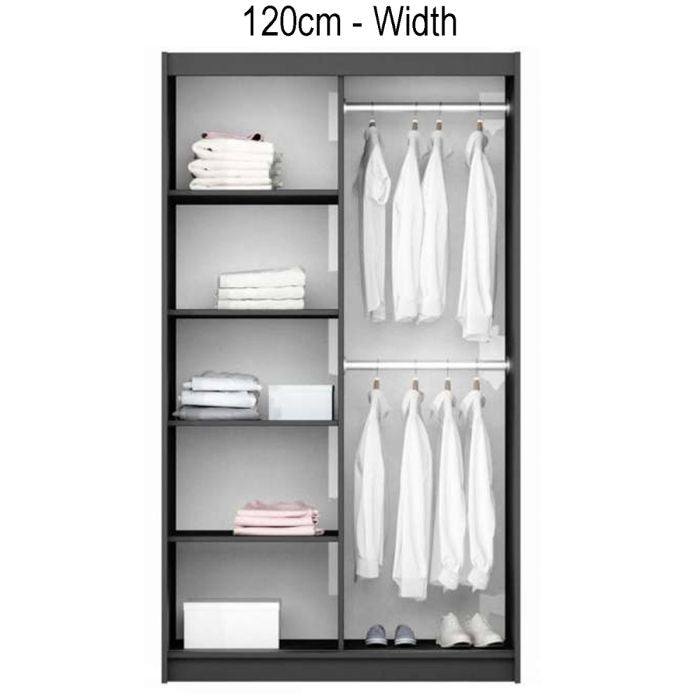 Graphite 120cm sliding wardrobe with mirrored doors and internal storage