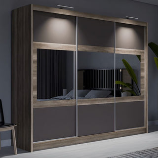 Sliding wardrobe with 3 mirrored doors in oak grey finish