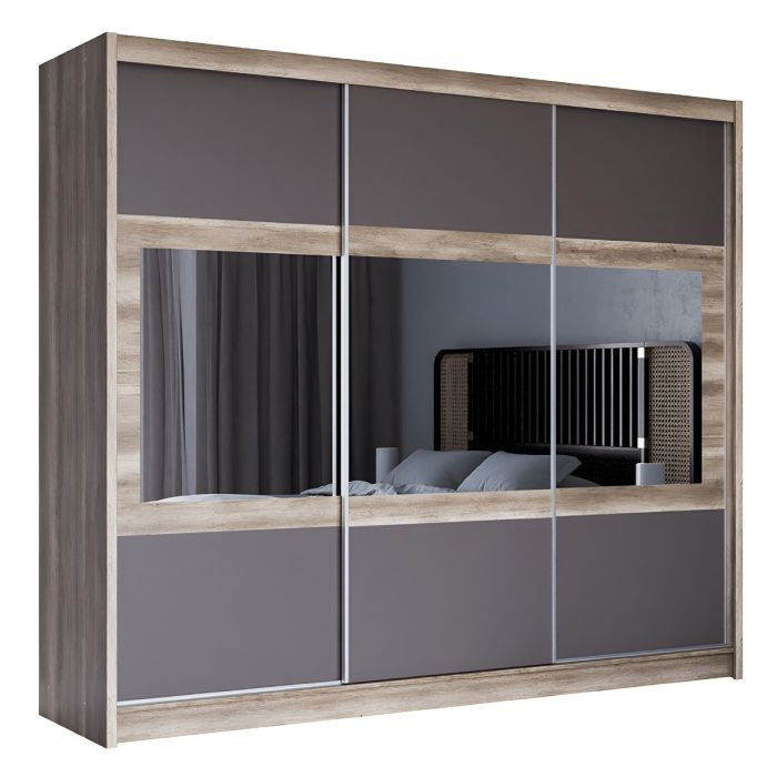 CHOICEWARDROBE Windsor 3 Door Sliding Wardrobe with Oak Grey Finish and Mirror Panels