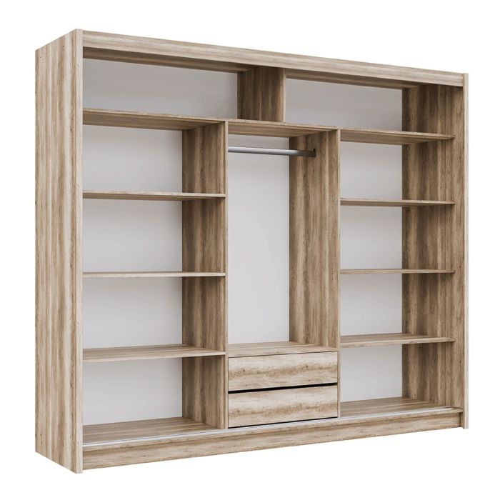 3-door sliding wardrobe with mirrored panel, oak grey finish, and visible shelves and drawers.