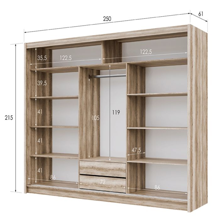 250cm Windsor 3-door oak grey sliding wardrobe with mirrored front panel and internal shelves.