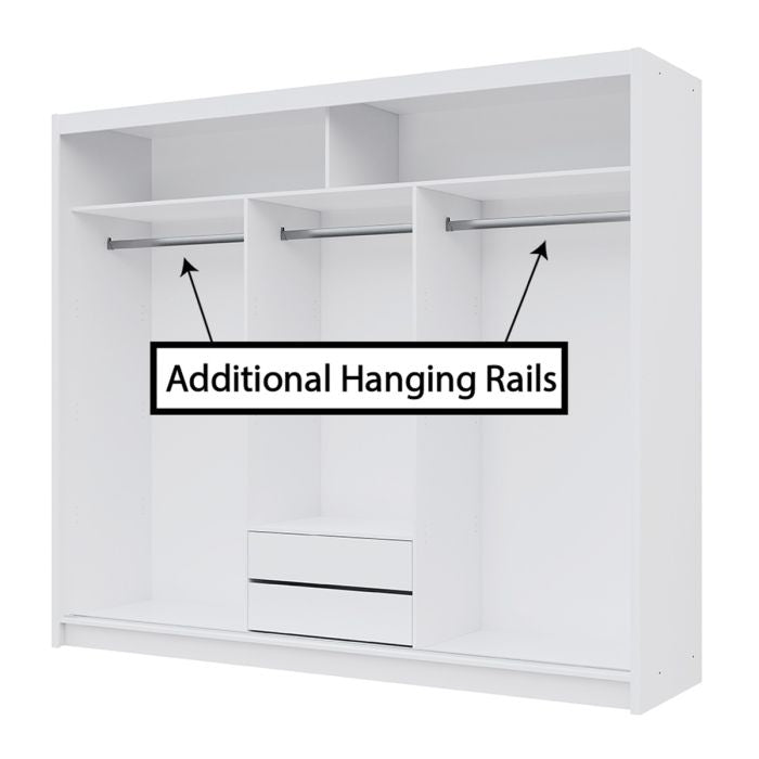 Interior of a white sliding wardrobe showing shelves, hanging rails, and labelled 'Additional Hanging Rails'.