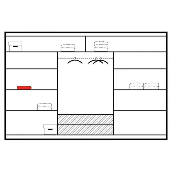 Sliding wardrobe internal layout schematic with shelves and hanging rail