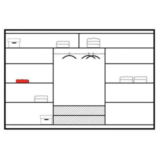 Sliding wardrobe internal layout schematic with shelves and hanging rail