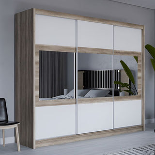 WINDSOR 3 door sliding wardrobe with mirrored panels in Oak White finish, 250cm wide