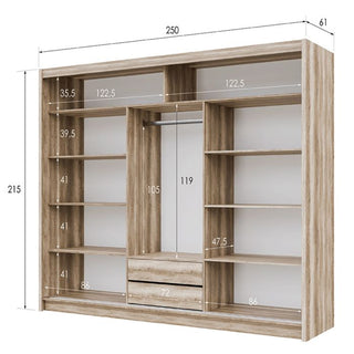 WINDSOR 250cm 3-door sliding mirrored wardrobe in oak white finish with internal shelves and drawers.