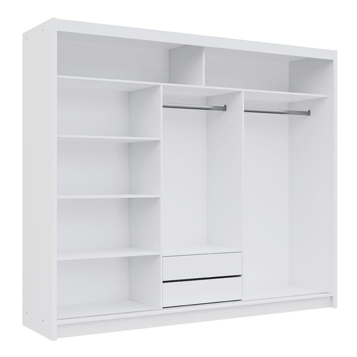 Internal view of a white sliding wardrobe showing shelves, two hanging rails, and two drawers