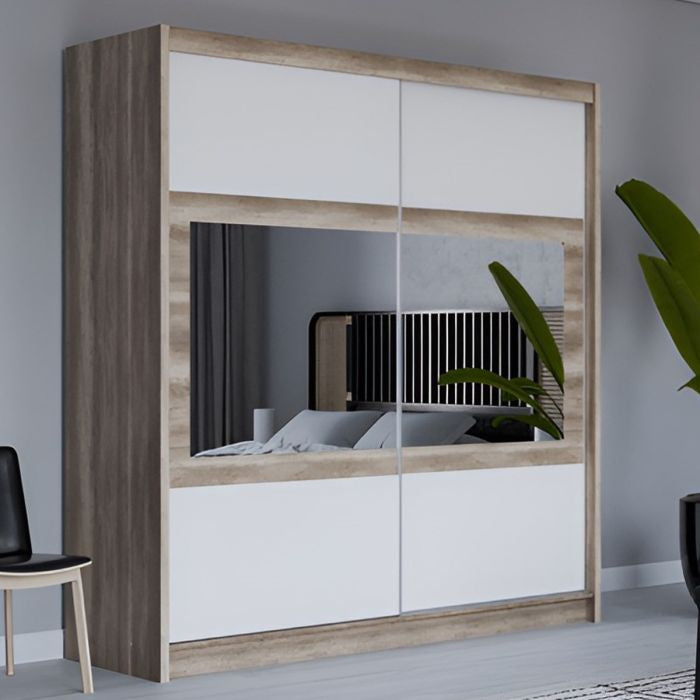 Windsor oak white 2-door mirrored sliding wardrobe, 203cm wide