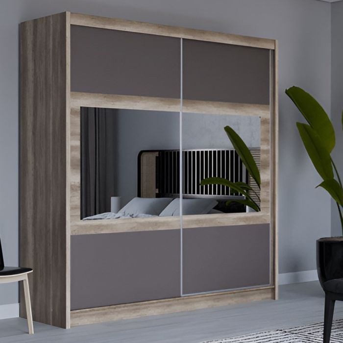 WINDSOR 203cm oak grey sliding wardrobe with two doors and mirrored panels