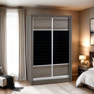 CHOICEWARDROBE Laggan Sliding Wardrobe – 2 Door | Grey Oak & Black Glass Panels with Hanging Rail & Shelves