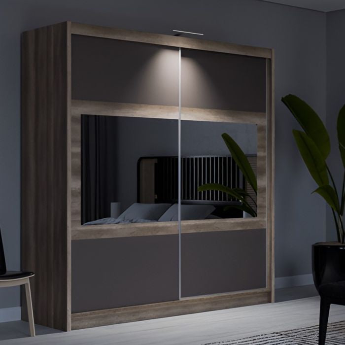 WINDSOR 2 door mirrored sliding wardrobe, oak canyon and grey finish, 203cm wide