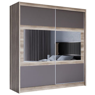 Two-door sliding wardrobe with mirrored panel in oak grey finish