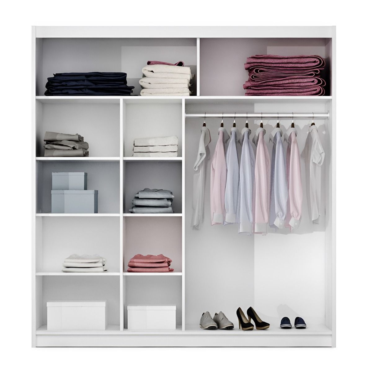 Sliding wardrobe interior with hanging rail and shelves, featuring a mirrored door panel.