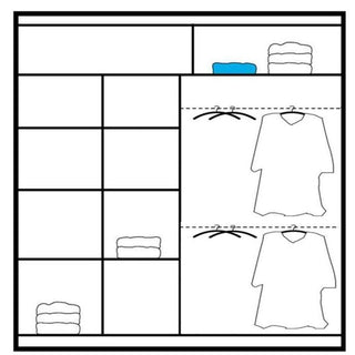Sliding wardrobe internal layout diagram with shelves and hanging space