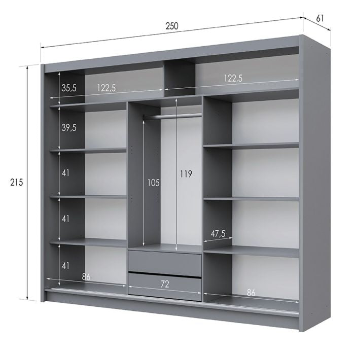 Aurora 250cm 3-Door Mirrored Sliding Wardrobe – Grey – product image 6
