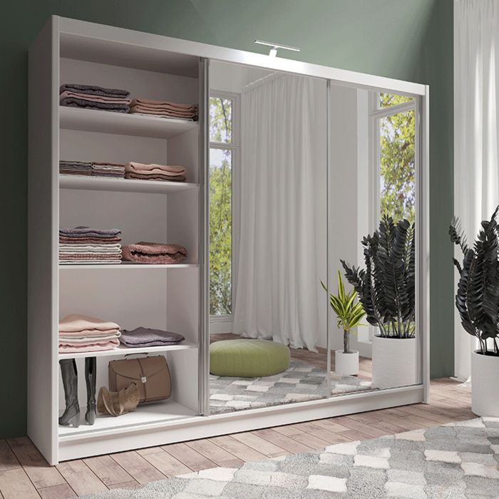 White 250cm 3-door sliding wardrobe with full mirrored doors, showing shelved storage
