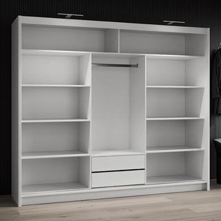 White 3 door sliding wardrobe interior with shelves, hanging rail, and drawers