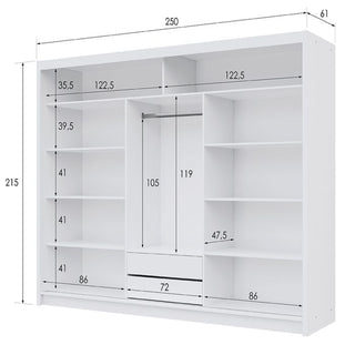 CHOICEWARDROBE 250cm 3 door sliding wardrobe with full mirrored doors and internal dimensions shown.