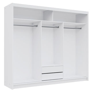 White sliding wardrobe interior with three hanging rails and two drawers