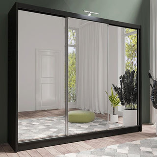 Black 3-door sliding wardrobe with full mirrored doors