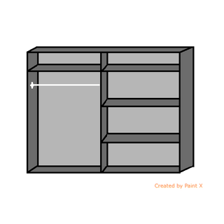 A diagram of the CHOICEWARDROBE Inagu 4 Door Mirrored Wardrobe – 180cm Wide, White High Gloss, shows multiple shelving compartments with a white double-headed arrow marking the width of the top left section.