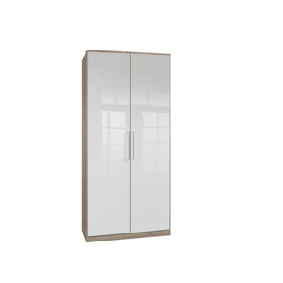 The Wardrobe - GEMA 2 Door Wardrobe Oak and White Gloss 90cm features a wood frame, glossy white doors, and two vertical handles for modern style and functionality.