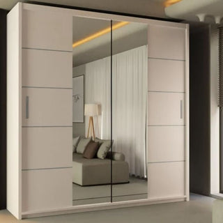 The LISBANE 2 Door Mirrored Sliding Wardrobe in white (150cm) offers stylish bedroom storage with two full-length mirrored doors, ideal for reflecting your space and enhancing modern décor.