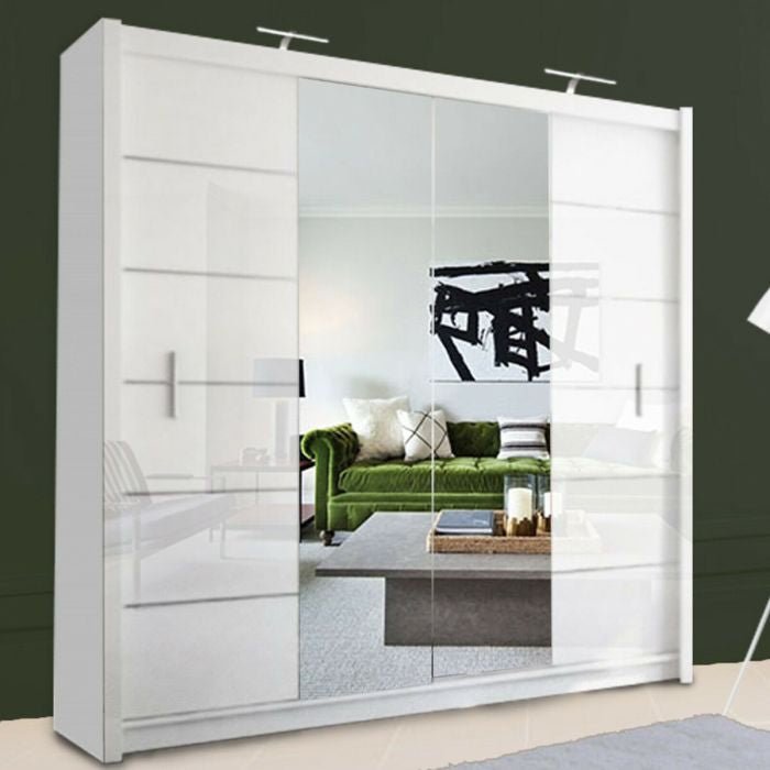 LISBANE 2 door sliding wardrobe in white with mirrored doors.