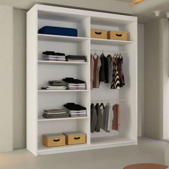 White 2-door sliding wardrobe interior with shelves of folded clothes, storage boxes, and a hanging rail.