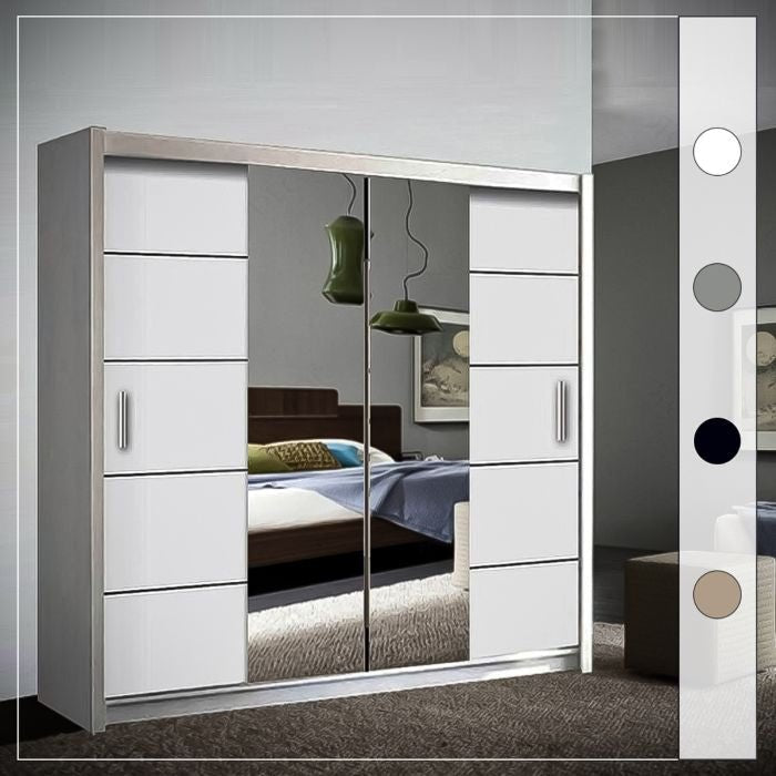 LISBANE 150cm white sliding wardrobe with two mirrored doors.