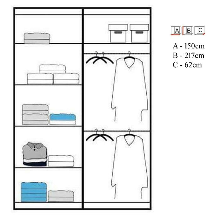 Diagram of LISBANE 150cm white 2-door sliding wardrobe with shelves left, hanging space right. A=150cm, B=217cm, C=62cm.