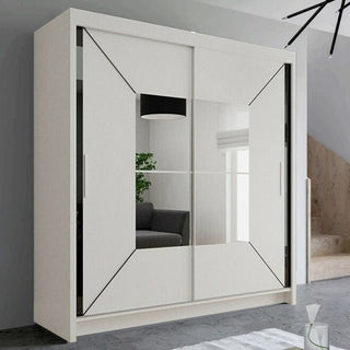 The BARTHOLOMEW 2 Door Mirrored Sliding Wardrobe in white (120cm) features a modern high gloss finish, geometric design, and large central mirror, adding sleek style and reflecting your room's décor.