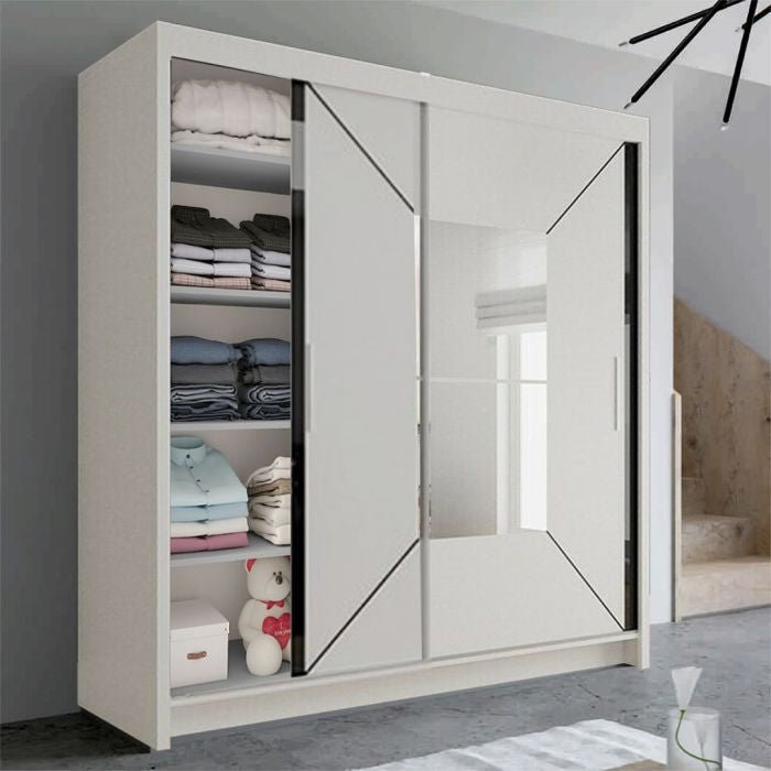 Bartholomew 120cm white sliding door wardrobe with mirrored panels, open shelf display.
