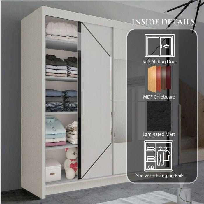 White 2-door sliding wardrobe with mirrored doors, showing internal shelves and hanging rails