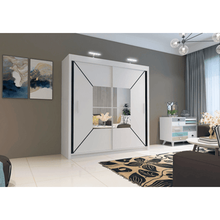 A modern living room features the BARTHOLOMEW 2 Door Mirrored Wardrobe in white (120cm) with mirrored panels, a side cabinet, abstract wall art, a patterned rug, and floor-to-ceiling curtains.