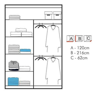 The BARTHOLOMEW 2 Door Mirrored Sliding Wardrobe in white (120cm) features shelves, hanging spaces, and boxes. Dimensions: A=120cm, B=216cm, C=62cm—perfect for organized storage.