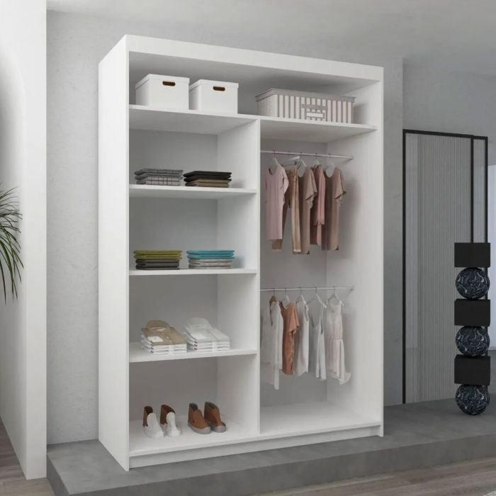 White 120cm sliding door wardrobe interior with shelves, hanging rails, and shoe storage.
