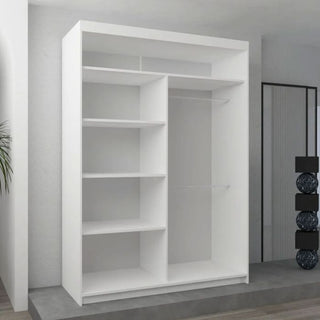 The Sliding Wardrobe - BARTHOLOMEW 2 Door Mirrored Wardrobe White 120cm features four left shelves and two right hanging rods, standing against a light gray wall in a modern, minimally decorated room.