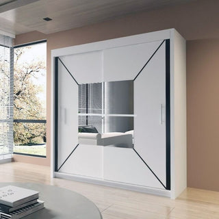 The BARTHOLOMEW 2 Door Mirrored Sliding Wardrobe in white (120cm) features a high gloss finish, black geometric accents, and a central rectangular mirror, perfectly complementing rooms with large windows and wooden flooring.