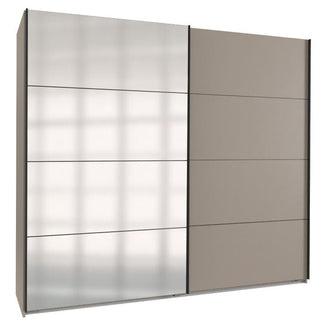 The ANVAST 2 Door Mirrored Wardrobe in grey (225cm) features sleek, modern lines and mirrored doors, creating a contemporary storage solution ideal for any bedroom.
