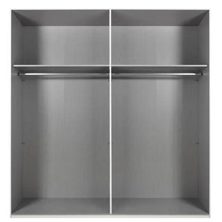 The ANVAST 2 Door Mirrored Wardrobe Grey 225cm features a sleek, modern interior with two sections, each with its own hanging rod and vertical divider—ideal for stylish bedroom storage.