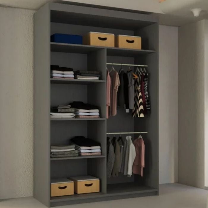 CHOICEWARDROBE Lisbane 2 Door Sliding Wardrobe grey finish with central mirror, showing shelves and hanging rails.