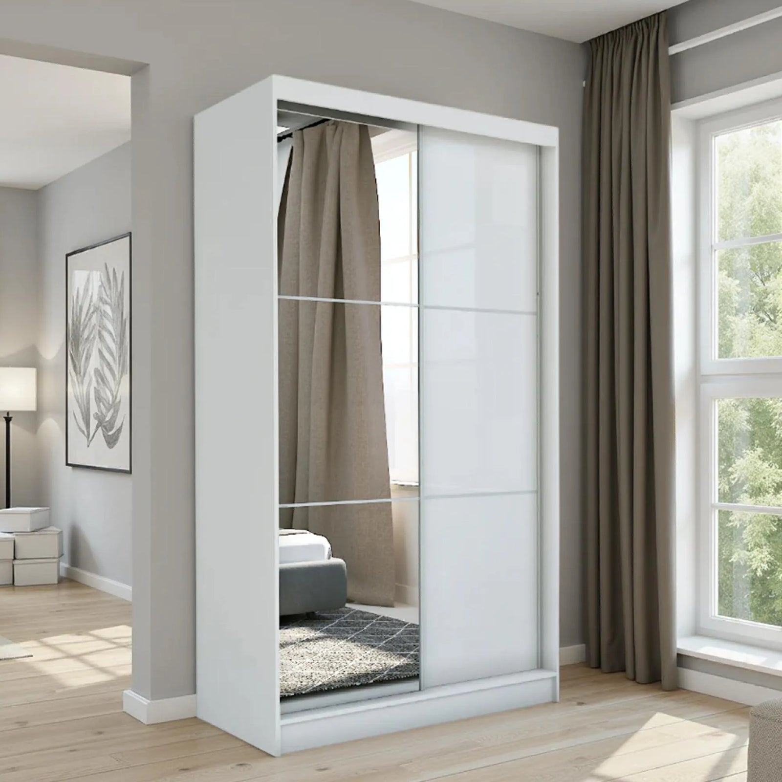 CHOICEWARDROBE Caden 150cm white sliding door wardrobe with mirrored left door.