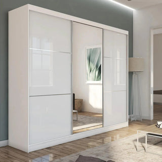 Caden 240cm Sliding Door Wardrobe – White Finish, 3-Door, Full-Length Mirror
