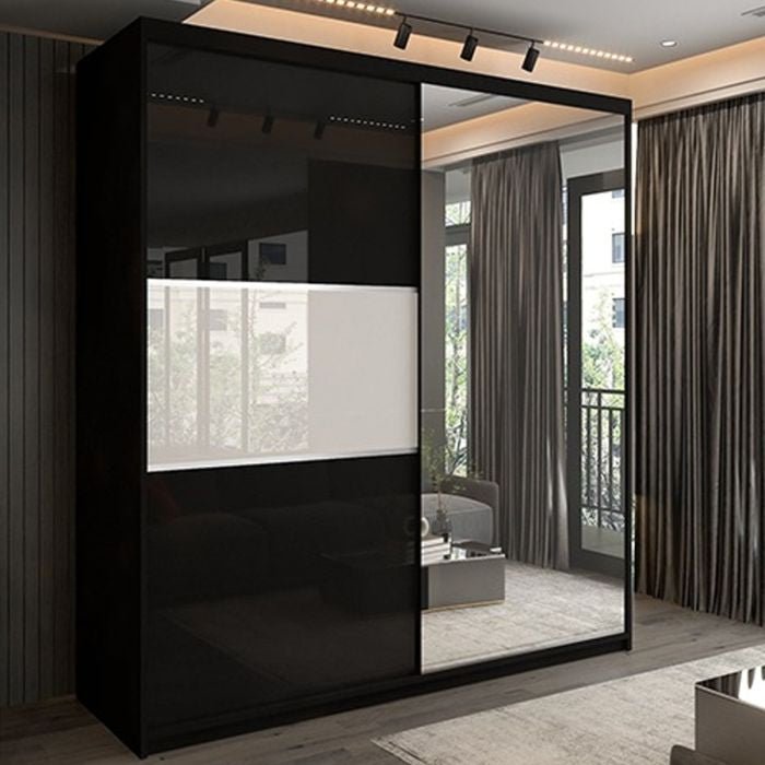 MONCLER 2 door sliding wardrobe in black gloss with a mirrored door panel, 200cm width.