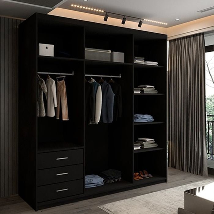 MONCLER 2 Door Sliding Wardrobe black with mirrored panel and visible drawers and hanging space.
