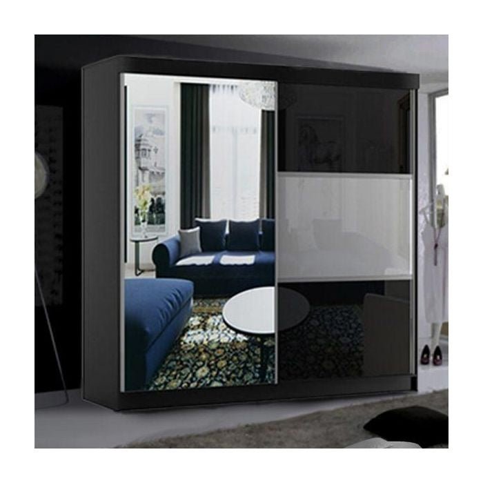 Moncler 2 door sliding wardrobe, black gloss with mirrored door